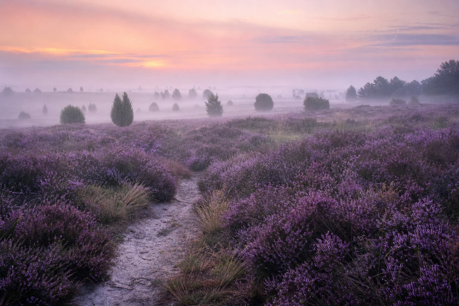 Violett blühende Lüneburger Heide unter weichem Himmel