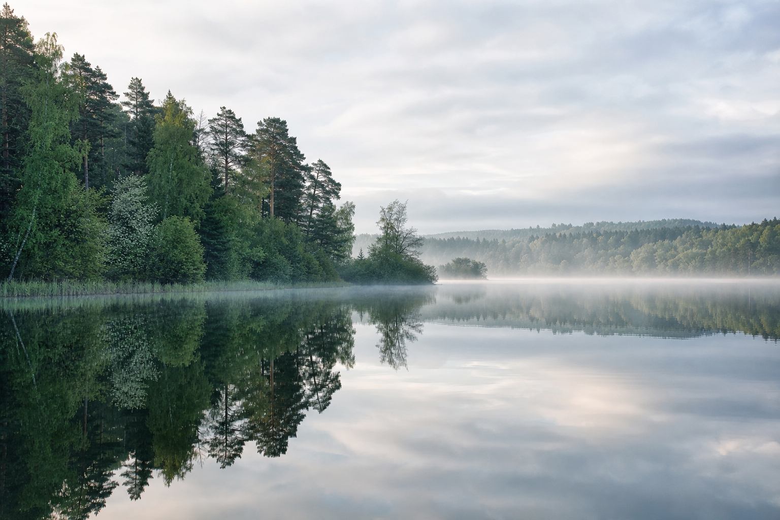 Ruhiger See in Mecklenburg mit Waldsaum und Morgennebel